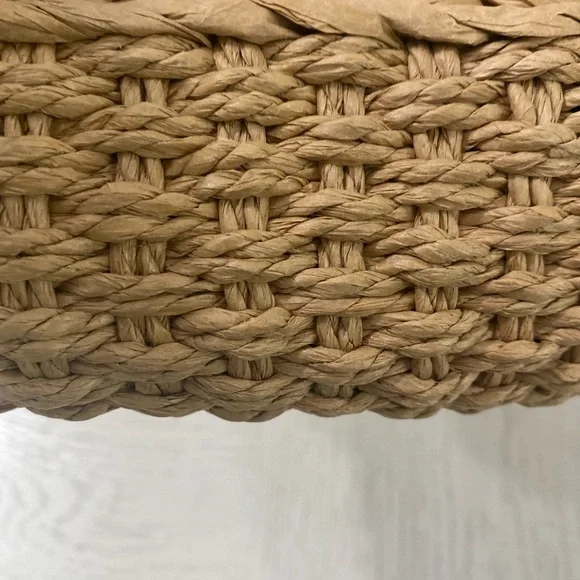 Boutique Tan & Cream Braided Woven Faux-Rattan Tote Clutch Handbag Wooden Handle - Picture 5 of 6